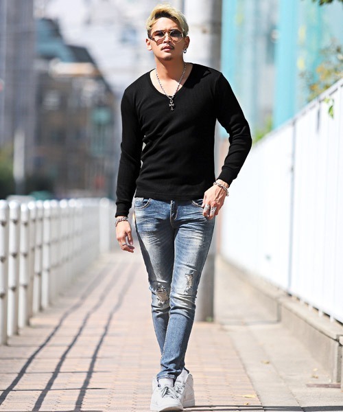 LUXSTYLE tシャツ ワッフルVネック長袖Tシャツ メンズ