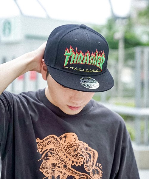 THRASHER キャップ 帽子 FLAME LOGOポリエステルサージ平ツバCAP