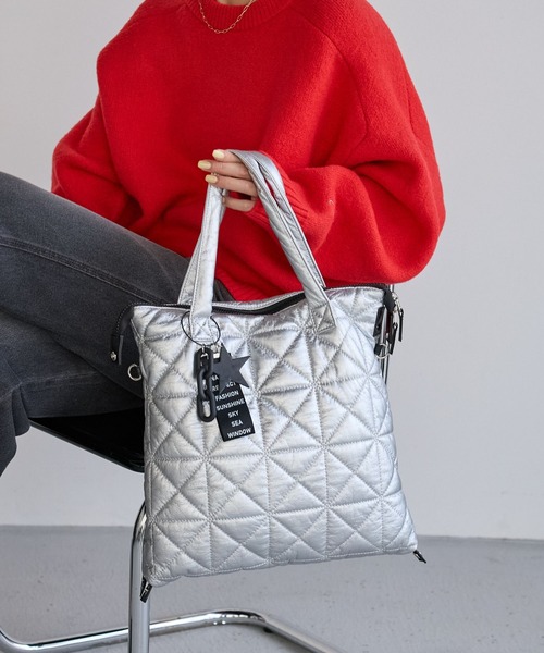 【A4収納可能】3way BAG／シルバーキルティング BAYFLOW（ベイフロー） トートバッグ 「A4サイズ対応」チャーム付き