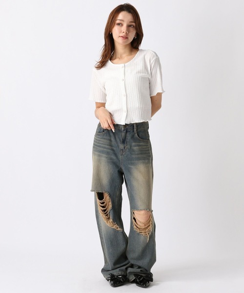 2024SSカジュアル ワイドパンツ ジーンズ ダメージ加工 ジーンズ FOREVER21 ジーンズ デニム デニムパンツ 「2024SS」ダメージ