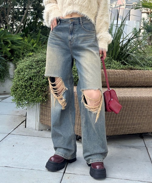 2024SSカジュアル ワイドパンツ ジーンズ ダメージ加工 ジーンズ FOREVER21 ジーンズ デニム デニムパンツ 「2024SS」ダメージ