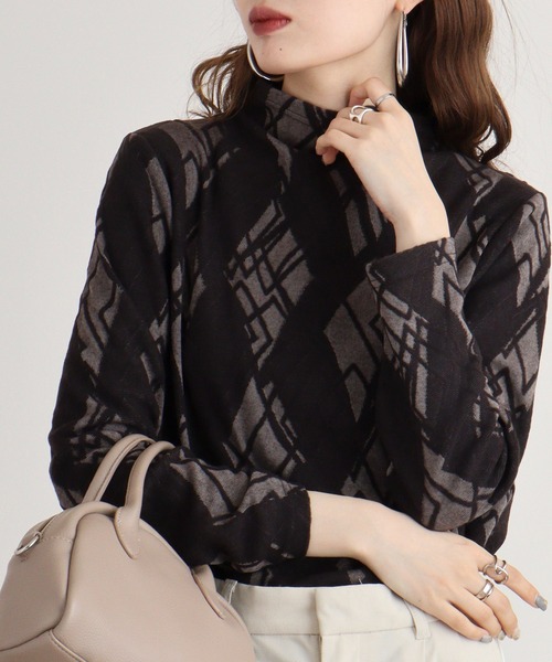 tシャツ BRODIAEA ボトルネックダイヤ柄プルオーバー レディース