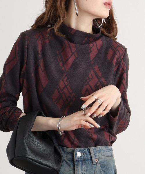 tシャツ BRODIAEA ボトルネックダイヤ柄プルオーバー レディース tシャツ BRODIAEA ボトルネックダイヤ柄プルオーバー レディース