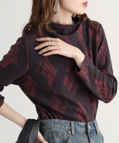 tシャツ BRODIAEA ボトルネックダイヤ柄プルオーバー レディース tシャツ BRODIAEA ボトルネックダイヤ柄プルオーバー レディース