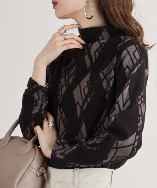 tシャツ BRODIAEA ボトルネックダイヤ柄プルオーバー レディース tシャツ BRODIAEA ボトルネックダイヤ柄プルオーバー レディース