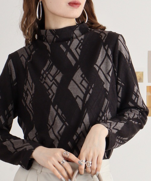 tシャツ BRODIAEA ボトルネックダイヤ柄プルオーバー レディース tシャツ BRODIAEA ボトルネックダイヤ柄プルオーバー レディース