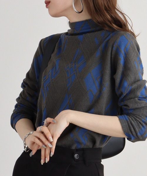 tシャツ BRODIAEA ボトルネックダイヤ柄プルオーバー レディース