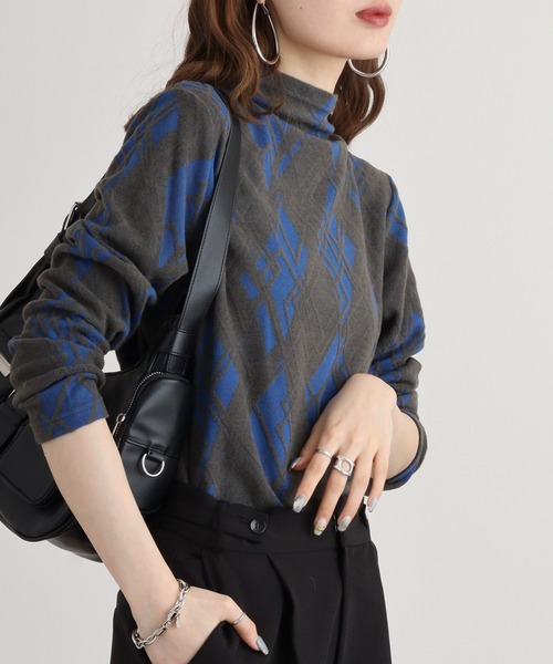 tシャツ BRODIAEA ボトルネックダイヤ柄プルオーバー レディース tシャツ BRODIAEA ボトルネックダイヤ柄プルオーバー レディース