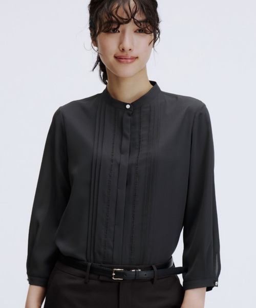 ブラウス シャツ 「UVカット・速乾」大人可愛い！バンドカラーはしごレースブラウス/ホワイト/チャコールグレー/7分袖｜通勤＆オフィス＆入卒＆セレモニ