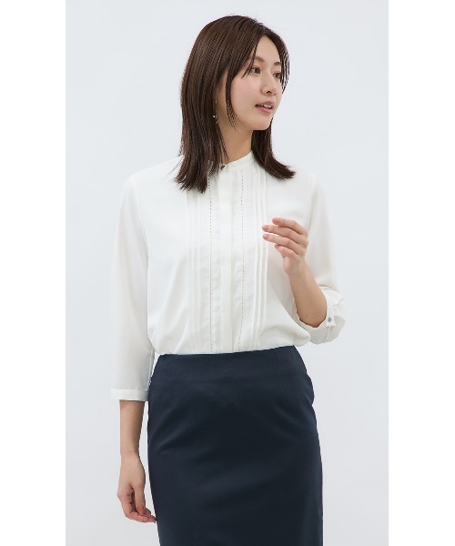 ブラウス シャツ 「UVカット・速乾」大人可愛い！バンドカラーはしごレースブラウス/ホワイト/チャコールグレー/7分袖｜通勤＆オフィス＆入卒＆セレモニ AOYAMA ブラウス シャツ 「UVカット・速乾」大人可愛い！バンド