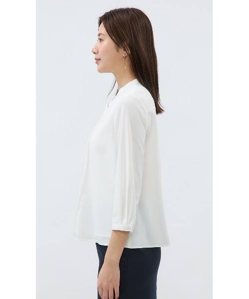 ブラウス シャツ 「UVカット・速乾」大人可愛い！バンドカラーはしごレースブラウス/ホワイト/チャコールグレー/7分袖｜通勤＆オフィス＆入卒＆セレモニ AOYAMA ブラウス シャツ 「UVカット・速乾」大人可愛い！バンド