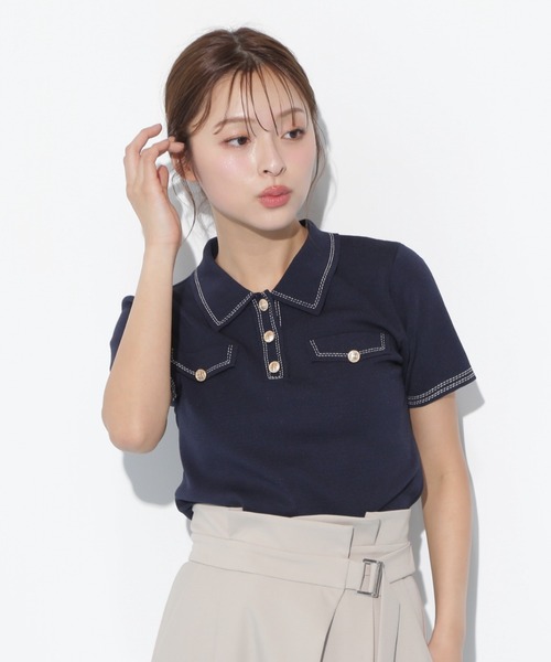 【新品】JILL by JILL STUART 薄手 リブニット セーター ペンタゴンネック 後ろリボン 7分袖 ストレッチ 綿×レーヨン等 F 紺 レディース JILL by STUART ニット セーター リボンビジューリブニット