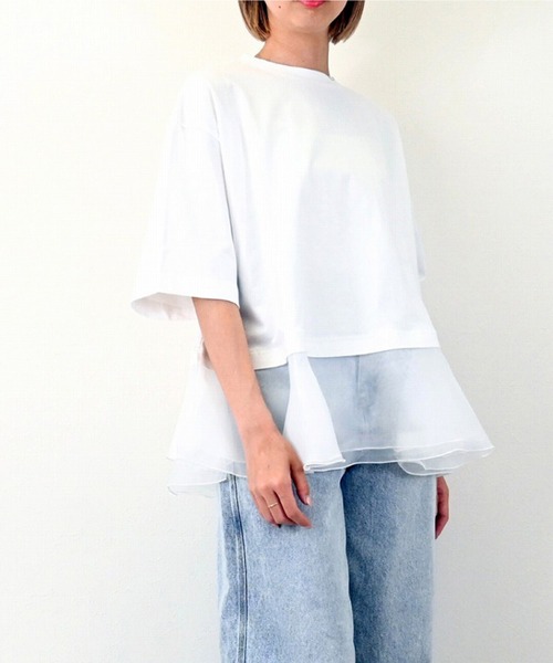 tシャツ 綿天竺オーガンジーフリルヘムTシャツ レディース