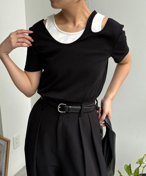 tシャツ 「1枚で着映え」レイヤードアシメネックTシャツ レディース
