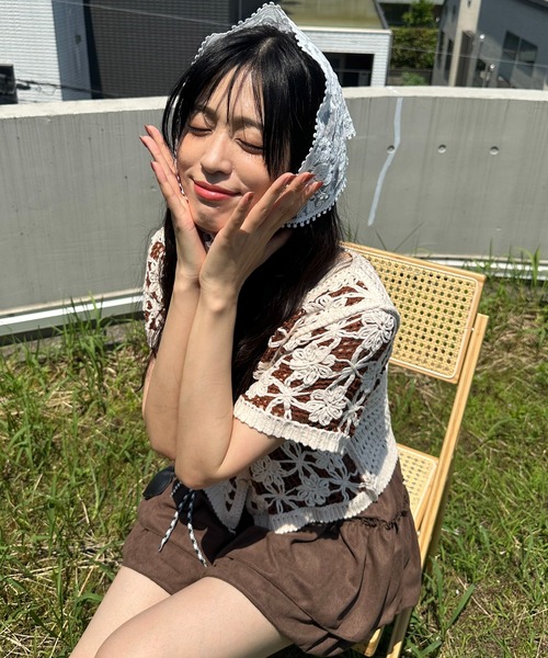 AS KNOW カーディガン ○クロシェ編み 花柄半袖カーディガン