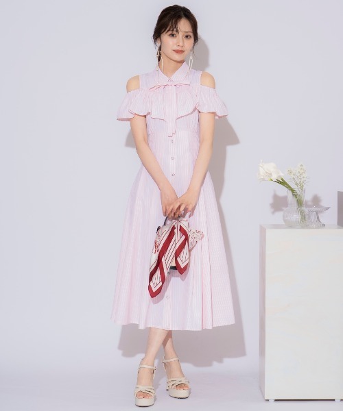 ウィルセレクションアイボリー ストライプ ワンピース WILLSELECTION ワンピース 2WAYスリーブストライプシャツ