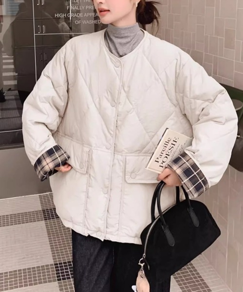 emi+ ジャケット ノーカラージャケット チェックドッキング