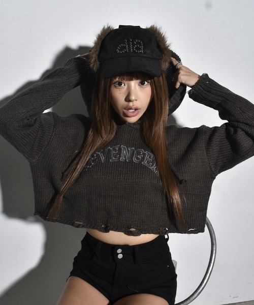 DAIYA（ダイヤ） ニット セーター ダメージ アーチロゴ ショート