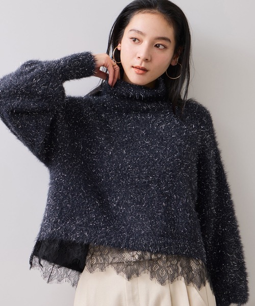 VIS（ビス） ニット セーター ラメフェザー裾レースハイネックニット