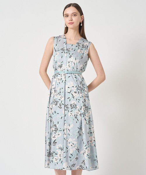 【新品タグ付】ANAYI リネンライクフラワープリントワンピース36 ANAYI（アナイ） ワンピース アイシーフラワープリントレイヤーネック