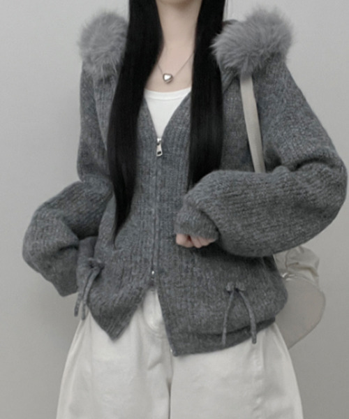 ニット セーター ファー付きフード ダブルジップ ニットカーディガン
