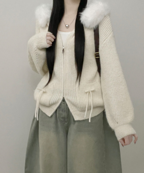 ニット セーター ファー付きフード ダブルジップ ニットカーディガン