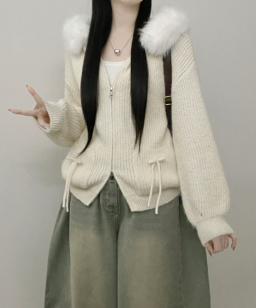ニット セーター ファー付きフード ダブルジップ ニットカーディガン