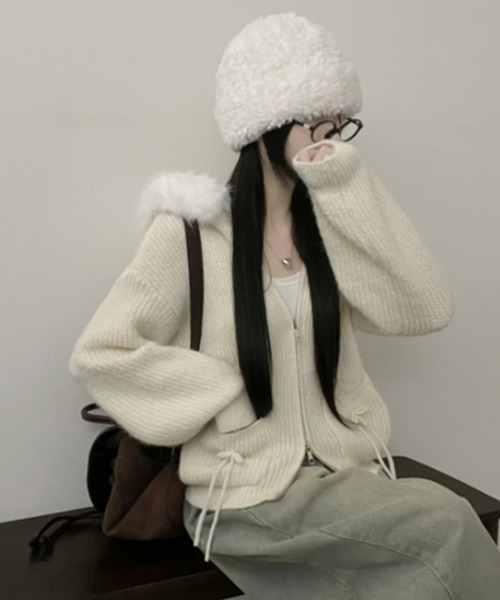 ニット セーター ファー付きフード ダブルジップ ニットカーディガン