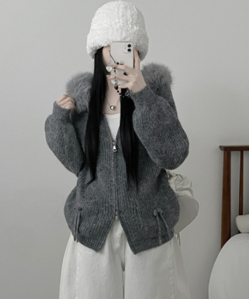 ニット セーター ファー付きフード ダブルジップ ニットカーディガン