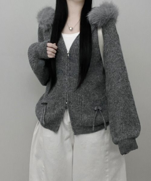 ニット セーター ファー付きフード ダブルジップ ニットカーディガン