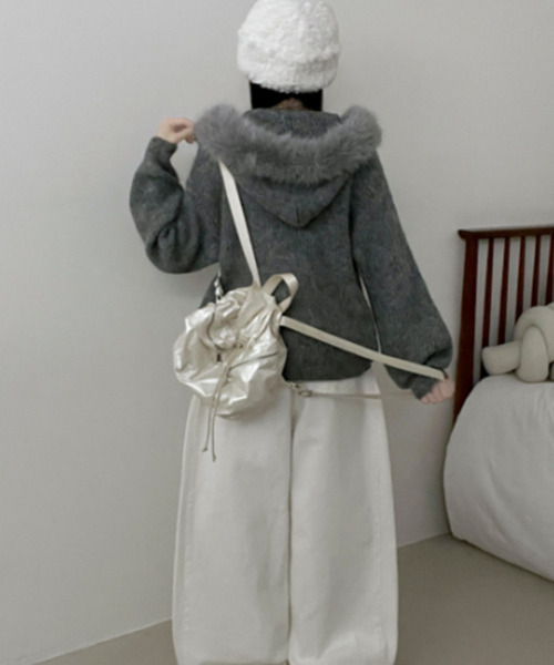 ニット セーター ファー付きフード ダブルジップ ニットカーディガン