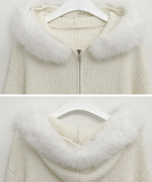 ニット セーター ファー付きフード ダブルジップ ニットカーディガン