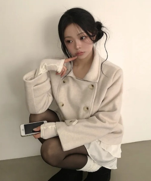 襟付きダブルブレストポケット付きコート ピーコート 韓国 Aelina ピーコート pコート 襟付きダブルブレストポケット付きコート