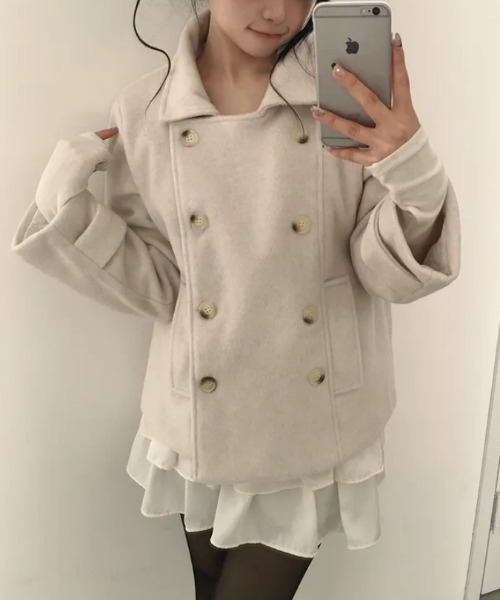FAVORITO ピーコート pコート 襟付きダブルブレストメルトンジャケット