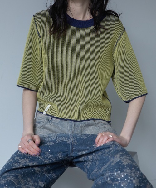 tシャツ 半袖 配色プレーティングハーフスリーブリブニット/新色追加