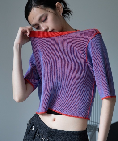 DIANTE ビックカラーハーフスリーブリブニット　MIX tシャツ 配色プレーティングハーフスリーブリブニット/新色追加