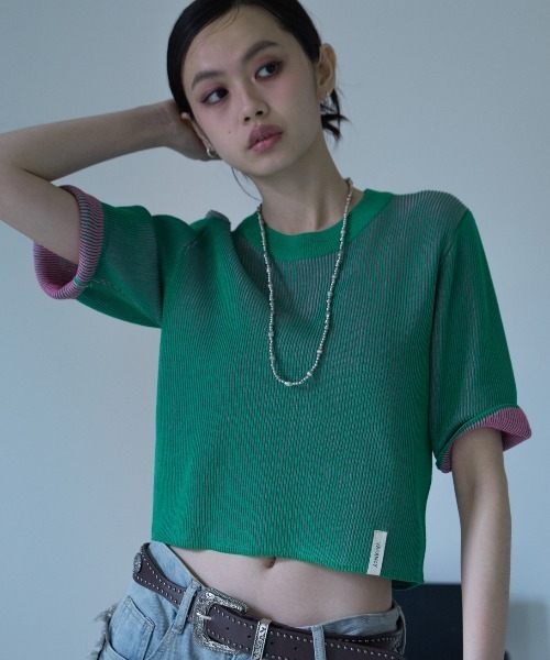 tシャツ 半袖 配色プレーティングハーフスリーブリブニット/新色追加