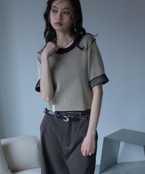 tシャツ 半袖 配色プレーティングハーフスリーブリブニット/新色追加