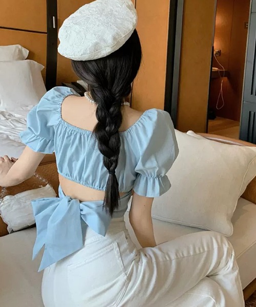 ブラウス シャツ バックリボンパフスリーブショートトップス