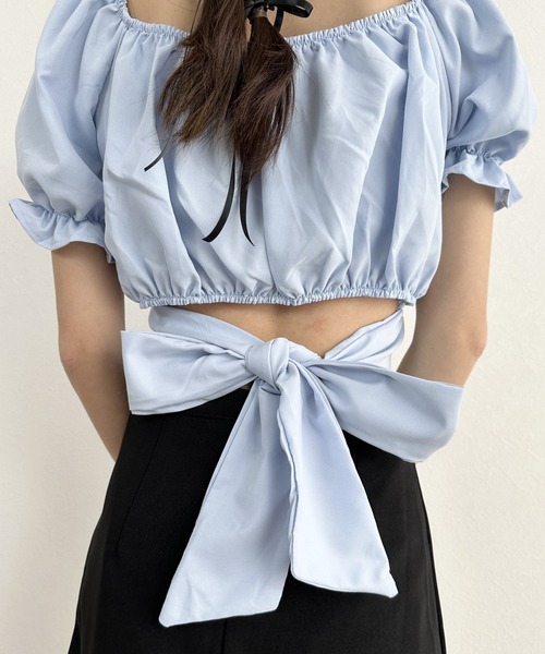 bow.a  パフブラウス パプスリーブ　ブルー 青　半袖　美品 ブラウス シャツ バックリボンパフスリーブショートトップス