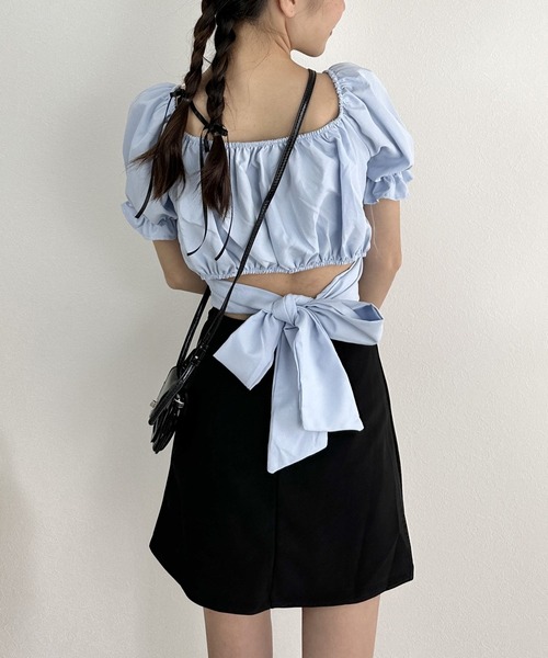 【WHITE】キュプラナイロン バックリボン ショートスリーブブラウス キュプラナイロン バックリボン ショートスリーブブラウス