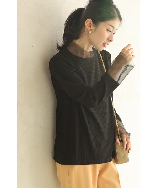 tシャツ ふわりとカバーする2重チュールのリブカットソートップス レディース