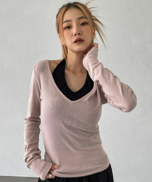 BLACKUP tシャツ 「MADE」 ウィザーVネックレイヤード長袖T