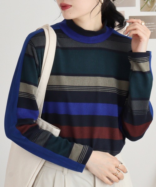 tシャツ BRODIAEA 日本製　マルチボーダーハイネックプルオーバー レディース