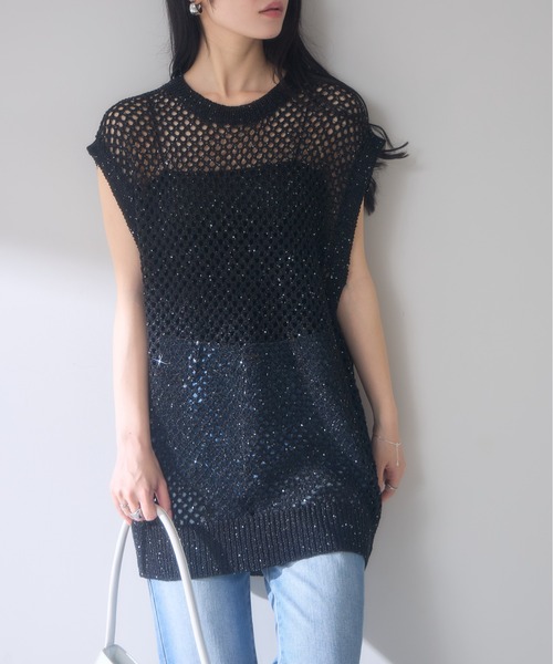 ベスト ジレ 「ZOZO限定」メッシュ編みスパンコールベスト レディース
