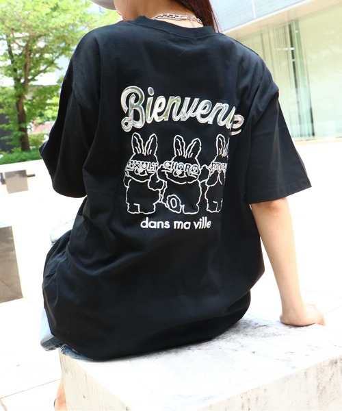 tシャツ うさぎバッグ発泡プリントTシャツ レディース