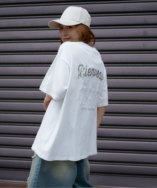 ウォッシャブル　チュール発泡プリントTシャツ tシャツ 「ゆるロゴ×うさぎ」発泡プリントTシャツ レディース