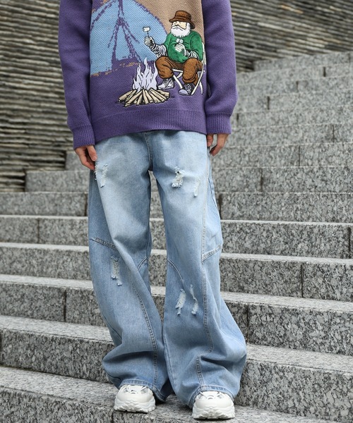 ジーンズ クラッシュ加工ワイドカーブデニムパンツ ダメージ加工