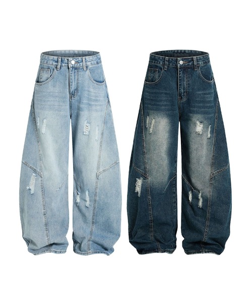 ジーンズ クラッシュ加工ワイドカーブデニムパンツ ダメージ加工