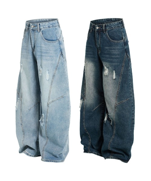 ジーンズ クラッシュ加工ワイドカーブデニムパンツ ダメージ加工